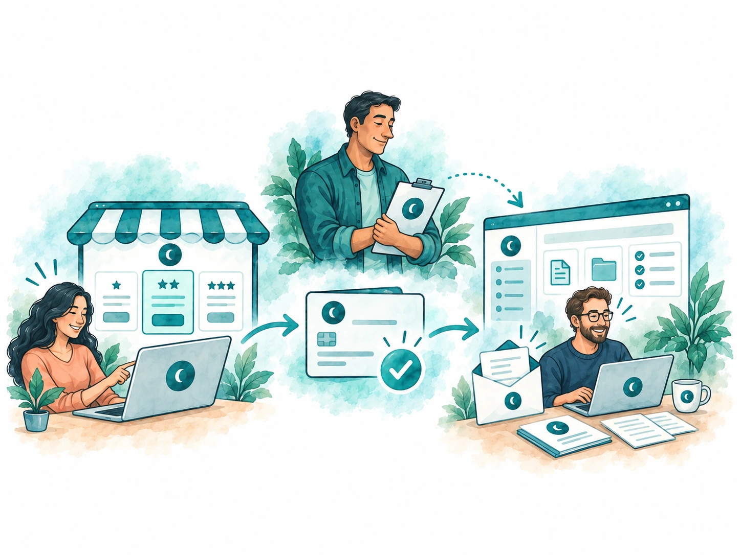 A customer chooses a package, a payment is confirmed, and a prepared branded account welcomes its new customer while the owner oversees the setup.
