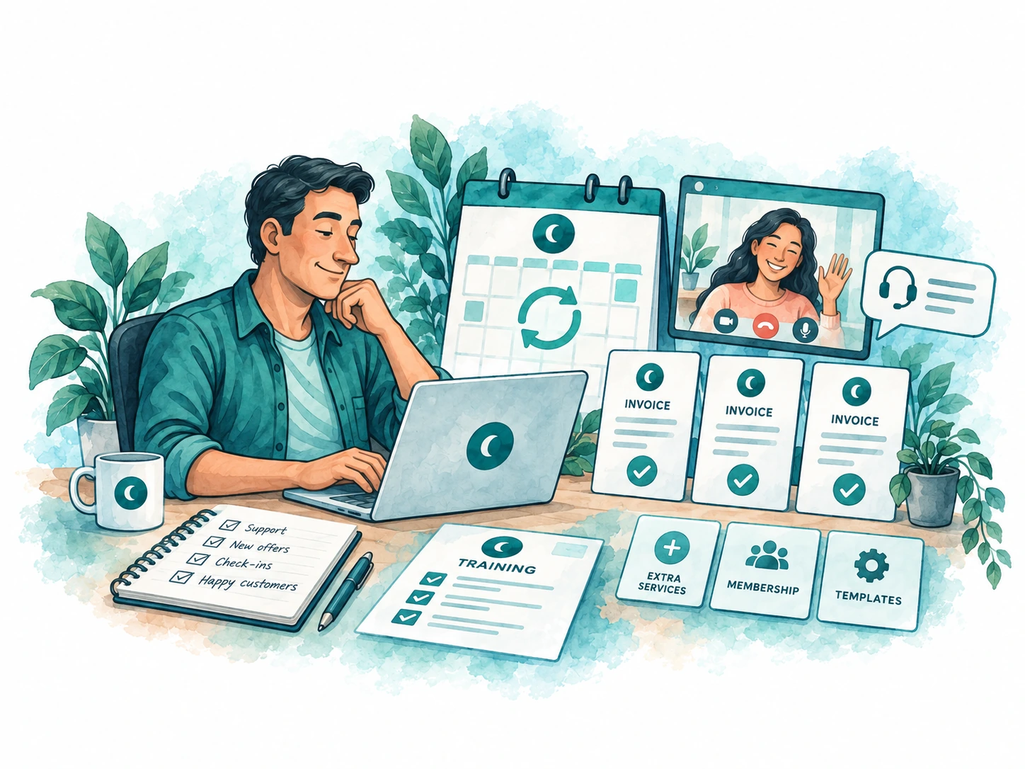 The owner works with a customer while a recurring calendar, subscription invoices and training materials represent an ongoing business relationship.